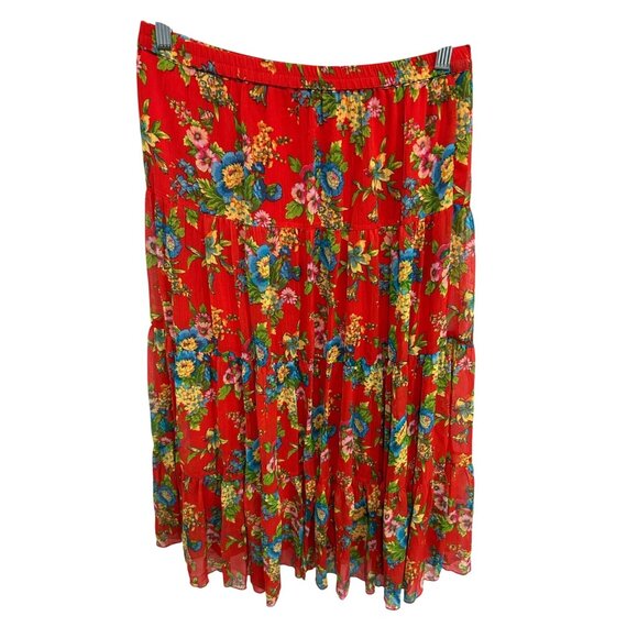 Linea By Louis DellOlio Floral Tiered Red Pleated MidiBoho Peasant Skirt Sz M - Picture 2 of 10